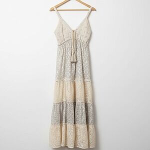 Papa Pia Iris Tiered Cotton Boho Maxi Dress Beaded Lace Metallic Foil